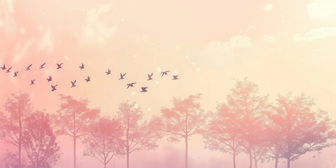 A serene landscape with trees and birds flying against a soft, pastel sky.