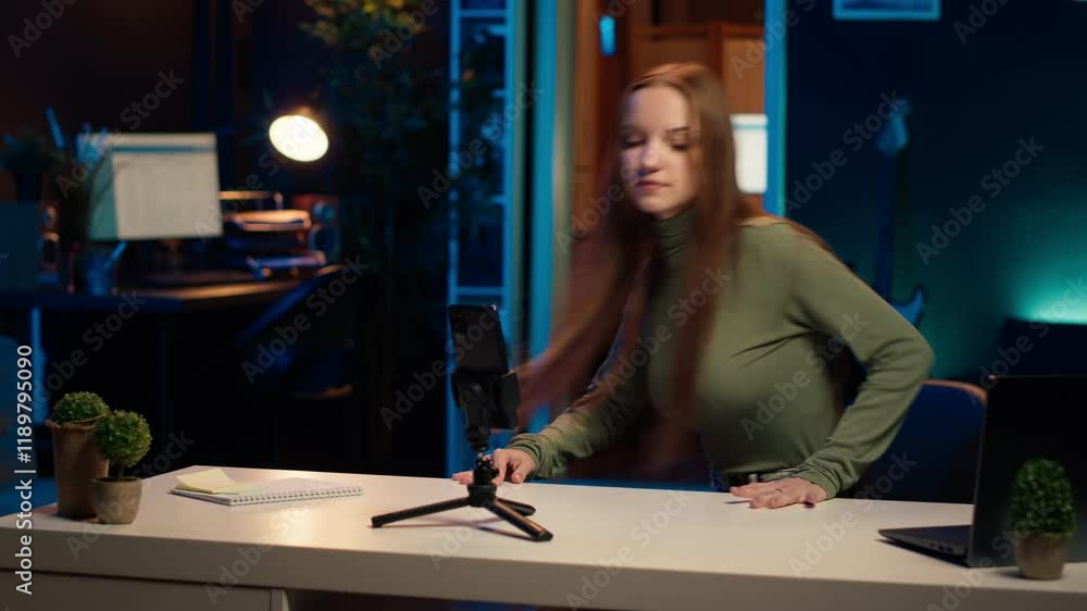 Poster content creator arriving in studio, using smartphone on tripod to shoot introductory segment for vlo