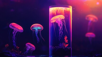Neon Jellyfish in a Glass Cylinder: Underwater Dreamscape