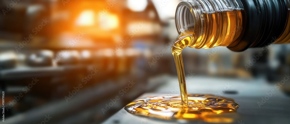 Poster engine oil pouring from container in hyper-realistic style with dramatic backlighting
