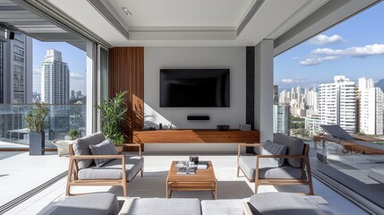 A modern living room featuring a beige sectional sofa and coffee table, positioned in front of large windows offering a city view.