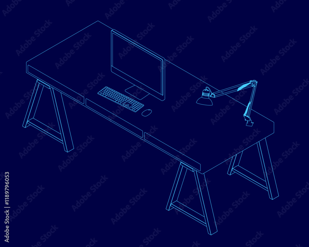 Poster blue drawing of a desk with a computer monitor and keyboard. the desk is designed to be ergonomic an