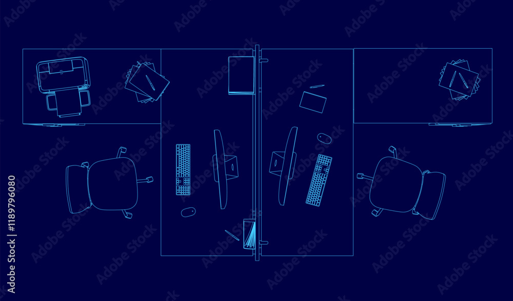 Poster blue image of a room with a door in the middle. the room is empty and has a blue color scheme