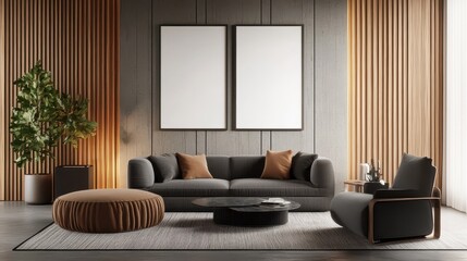 A modern living room featuring a beige sectional sofa and coffee table, positioned in front of large windows offering a city view.