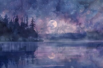 Obraz premium A serene night landscape featuring a full moon reflecting on a tranquil lake surrounded by trees.