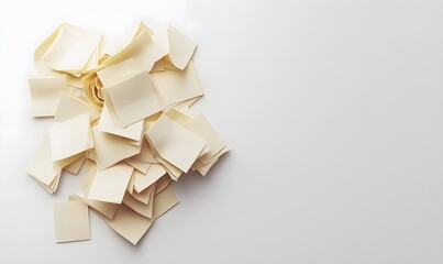 Scattered pile of blank sticky notes on white background.