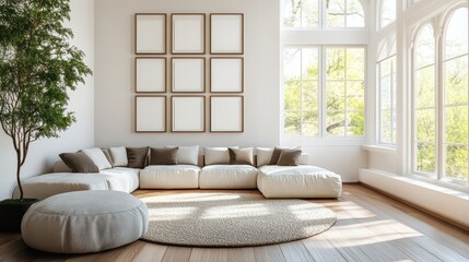 Fototapeta premium A modern living room interior featuring empty posters on the wall, wooden flooring, and stylish furniture.