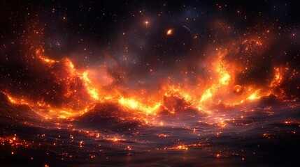 Fototapeta premium Fiery Nebula in Deep Space: A Cosmic Tapestry of Intense Energy and Glowing Stars