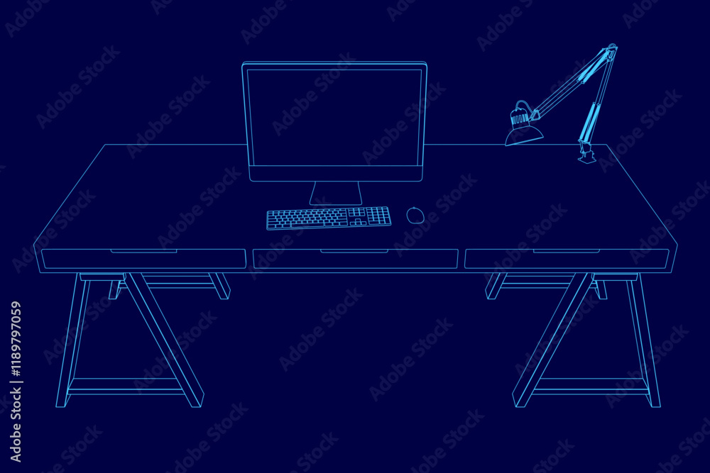Poster computer desk with a monitor and keyboard on it. the desk is blue and the monitor