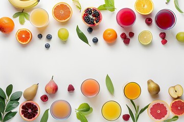 Assortment of Colorful Fruit Juices and Fresh Fruits Arranged on a Clean White Background