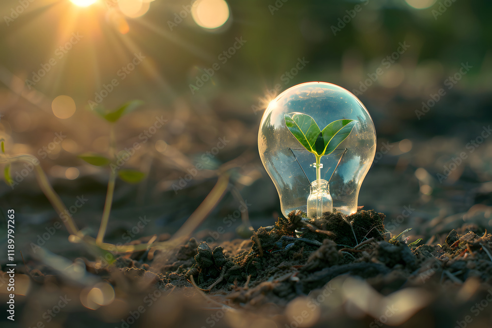 Poster seedling within a transparent lightbulb in soil