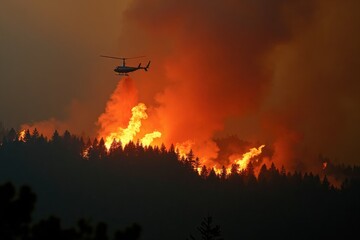 Fototapeta premium A fierce wildfire spreads rapidly through a dense forest, with bright orange flames leaping high. In the foreground, a helicopter drops water to help control the fire