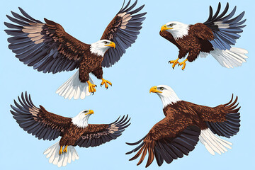 Obraz premium Four illustrated eagles in various poses against a light blue background.