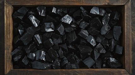 Black Shards in Wooden Box: A Study in Texture and Shadow