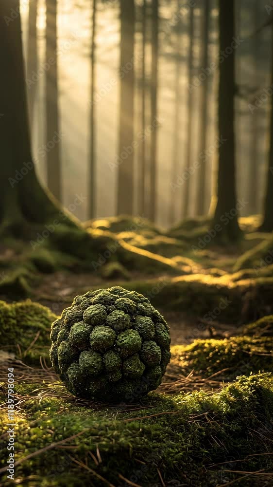 Poster unique spherical object rests on mossy forest floor in soft sunlight filtering through trees
