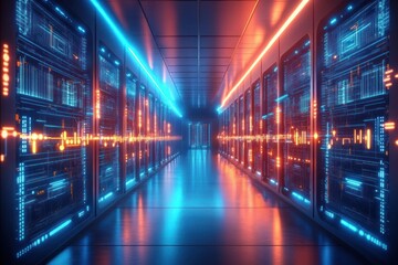 Fototapeta premium Futuristic Data Center with Neon Lights Circuit Patterns and Dynamic Lines in Cyberpunk Style