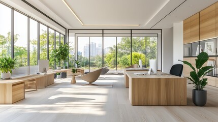 Fototapeta premium A modern office featuring wooden furniture and a minimalist design, with large windows offering a city view.