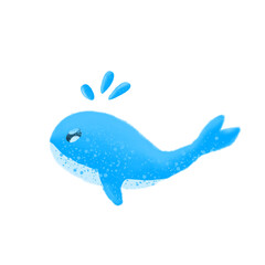A cute, cartoon blue whale splashes playfully, water droplets sparkling around it.