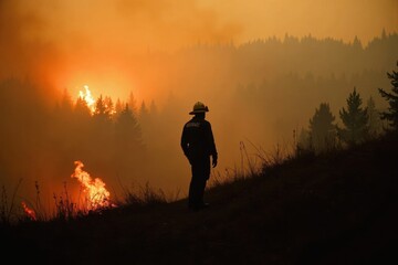 Fototapeta premium A firefighter stands on a hillside, watching a wildfire spread through the forest below. His silhouette is outlined by the bright flames, and ash falls around him