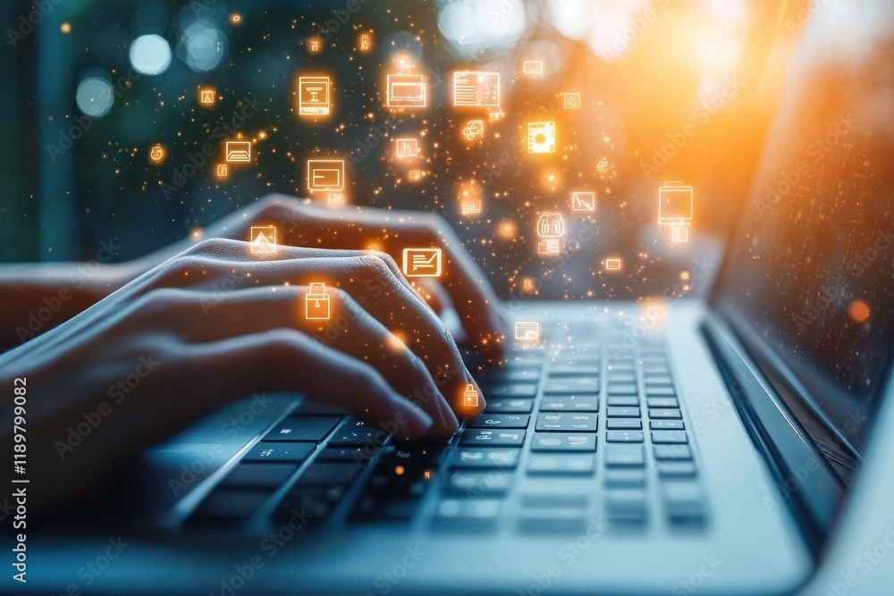 Poster live chat communication and social networking with close-up hands typing on laptop keyboard