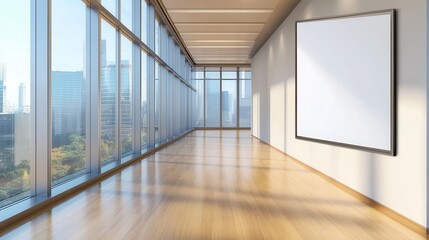 A modern office interior featuring a conference room with wooden flooring and large windows showcasing a city view in the background.