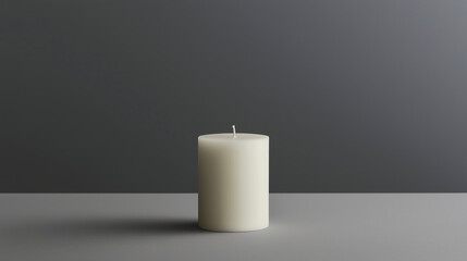 A single, pristine white candle on a gray backdrop.
