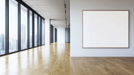 Fototapeta premium A modern office interior featuring a conference room with wooden flooring and large windows showcasing a city view in the background.