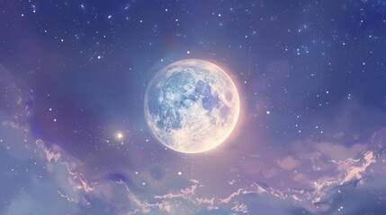 A serene night sky featuring a large, luminous moon surrounded by stars and soft clouds.