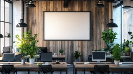 A modern office interior featuring a conference room with wooden flooring and large windows showcasing a city view in the background.