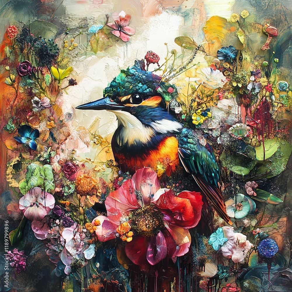 Poster Kingfisher in a vibrant floral paradise