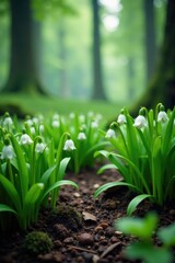 Obraz premium Dense clusters of wild garlic sprouts in a misty forest glade, woodland, wild garlic, forest floor