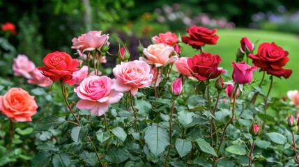 A bed of roses with varying shades of red and pink, symbolizing love and joy.