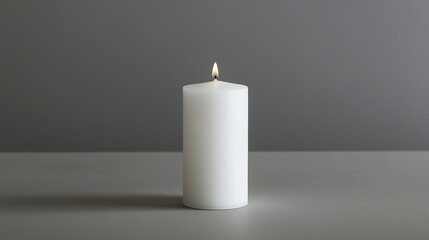 A single, pristine white candle on a gray backdrop.