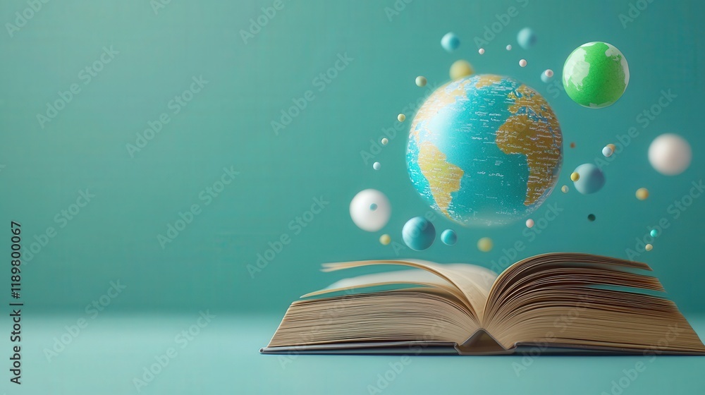 Poster floating earth above an open book in dreamy setting