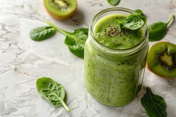 Glass Jar with Spinach and Kiwi Smoothie on a Light Marble Table, Space for Text