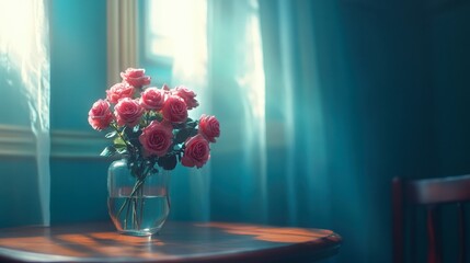 A bouquet of pink roses in a glass vase on a wooden table, exuding elegance and charm.