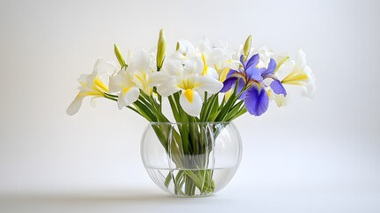 A beautiful bouquet of white and purple irises arranged in a clear glass bowl. The flowers are vibrant and fresh, creating a simple yet elegant display against a soft white background.