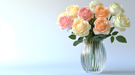 Fototapeta premium A bouquet of pastel roses in a clear glass vase sits on a light blue background. The soft colors and gentle lighting create a serene and elegant scene.