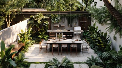 Fototapeta premium A serene outdoor kitchen surrounded by lush greenery, perfect for dining and entertaining.