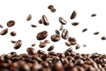 Roasted Coffee Beans in a Placer, a Lot of Beans Lies and Levitates, Isolated, on a White Background