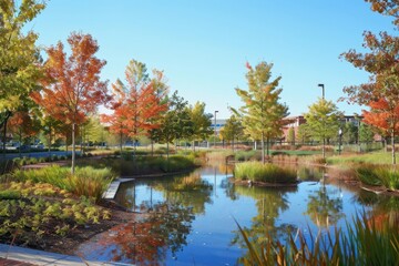 Obraz premium A serene park scene featuring colorful autumn trees reflecting in a calm pond.
