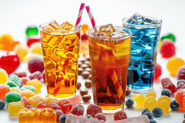 Aspartame Hazard Different Soda Drinks and Candies Containing Sugar Substitute on White Background