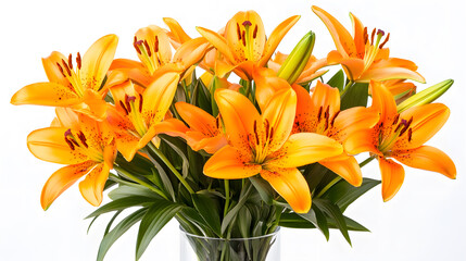 Obraz premium Vibrant orange lilies arranged in a glass vase against a white background. The lilies are in full bloom, showcasing their rich color and delicate details.
