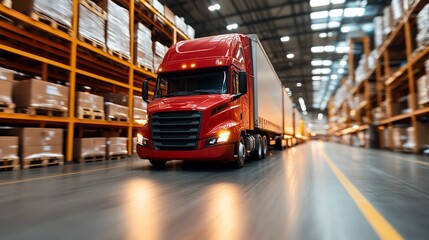A bright red truck maneuvers past towering shelves stocked with boxes in a busy warehouse. The overhead lights illuminate the organized space, highlighting the efficiency of the setting