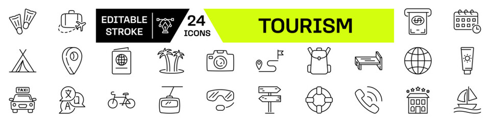 Tourism icon set. Tourism and travel linear icon set with Editable Stroke.