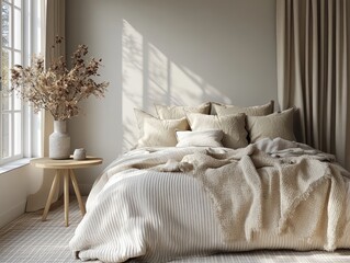 Minimalist Scandinavian Bedroom with Soft Gray Bed and Pastel Pillows