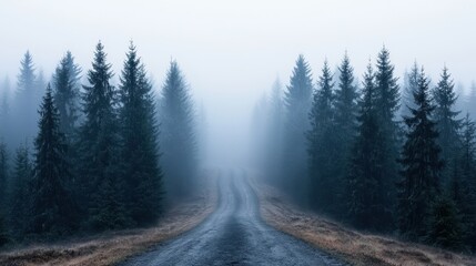 Misty Forest Road in Tranquil Nature Scene with Fog and Trees