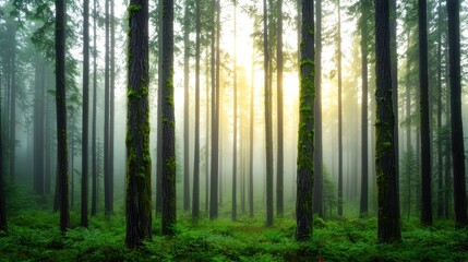 Misty Forest Scene with Tall Trees and Soft Golden Light