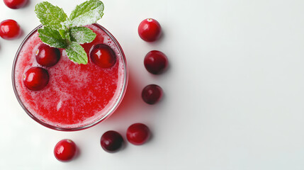 Refreshing cranberry juice garnished with fresh mint leaves and cranberries. Shot from above on a white background, offering a vibrant and healthy image.
