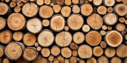 Natural pile of wood logs background arranged in a symmetrical stack. Highlighting organic patterns. Perfect for industrial and decorative use